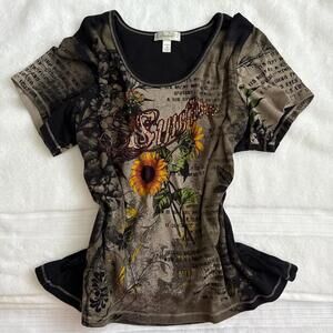 y2k grunge graphic tee with rhinestones and sunflowers